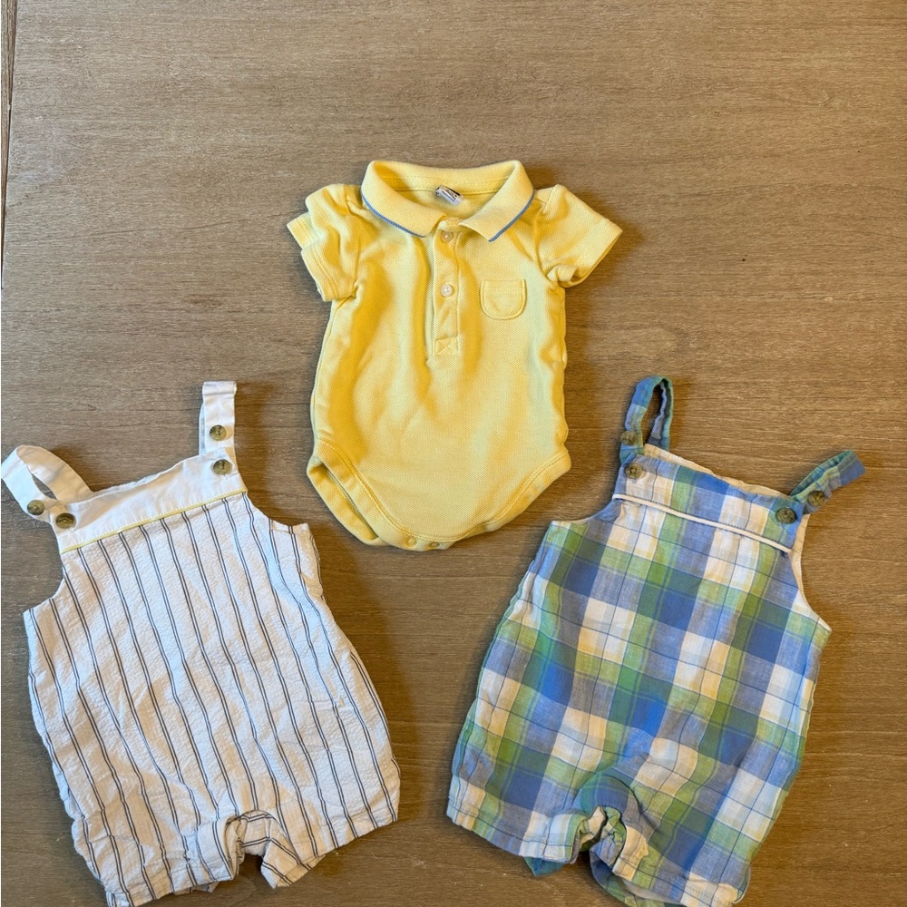 Janie and Jack Yellow Onesie and Plaid Overalls Set of 3
